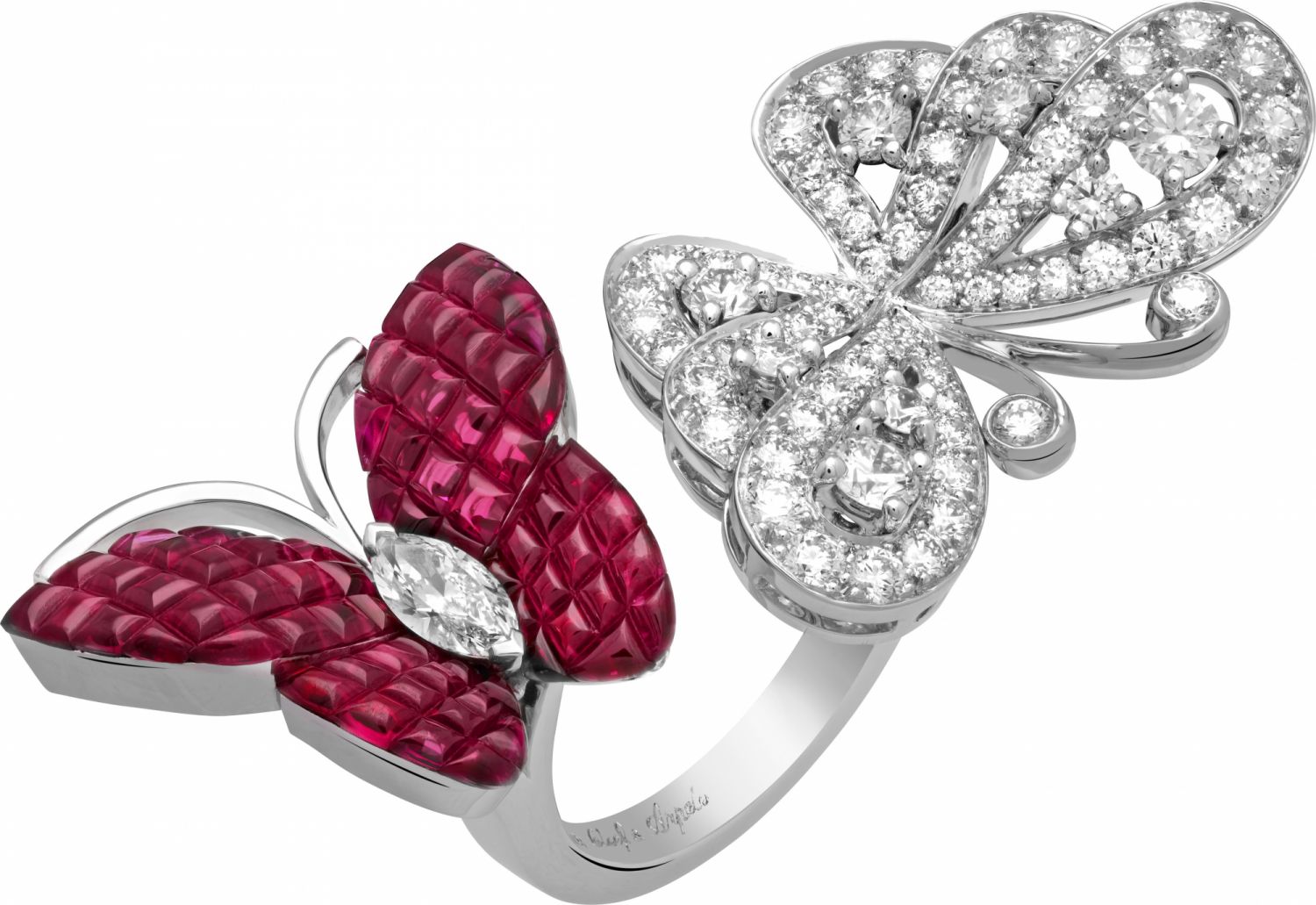 Flying butterfly Between the Finger Ring. White gold, rose gold, buff-topped Mystery Set rubies, diamonds.