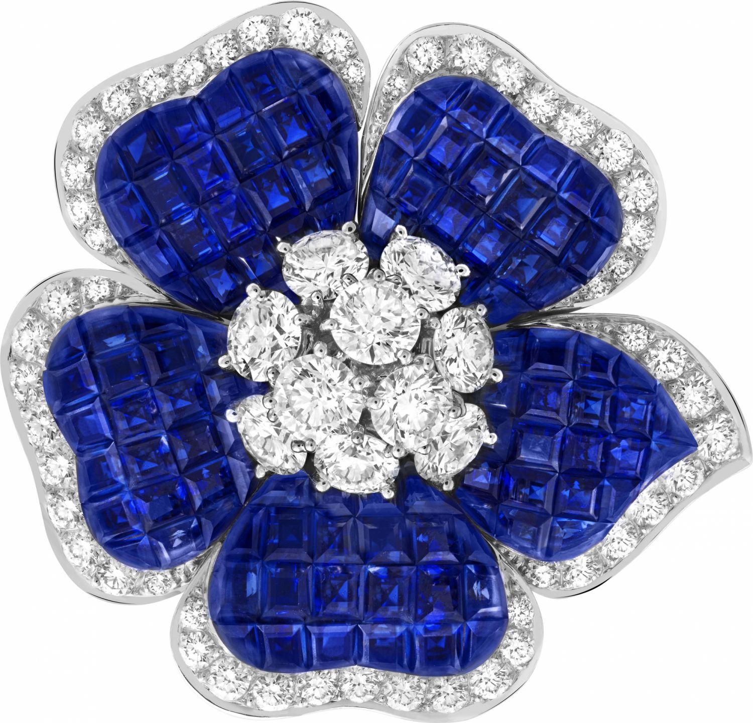 Petit Gloxinia clip. Platinum, rose gold, white gold, Traditional Mystery Set sapphires, diamonds.
