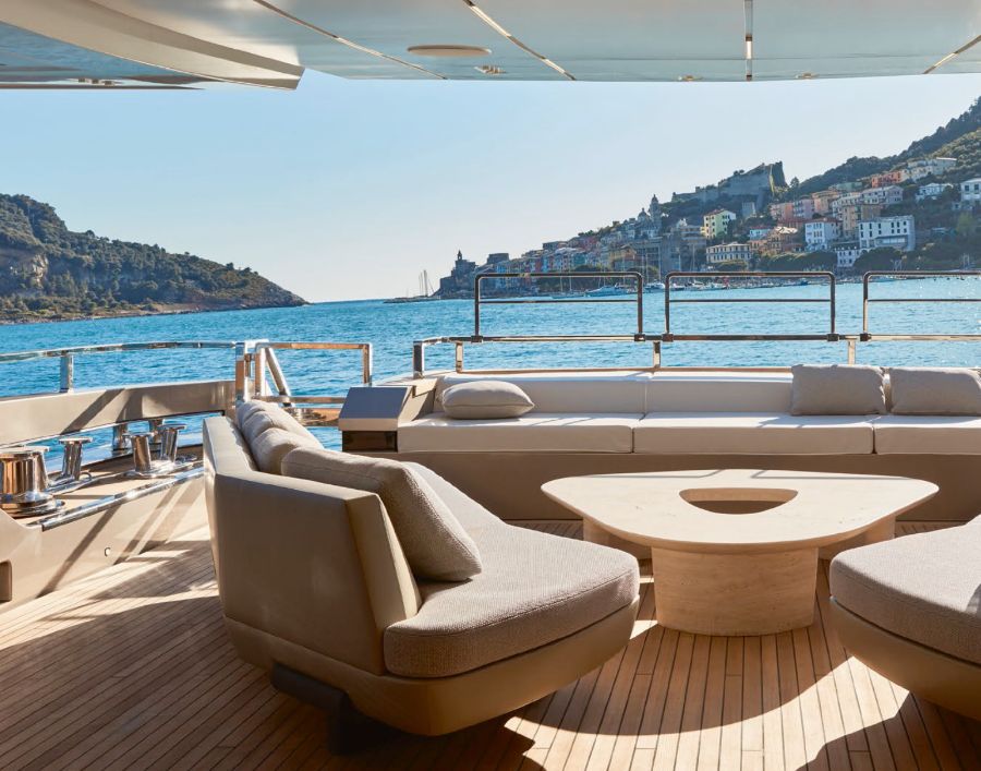The 1,582sqft owner’s cabin in this Sanlorenzo yacht is spread out across three levels, and features a mix of indoor and outdoor spaces