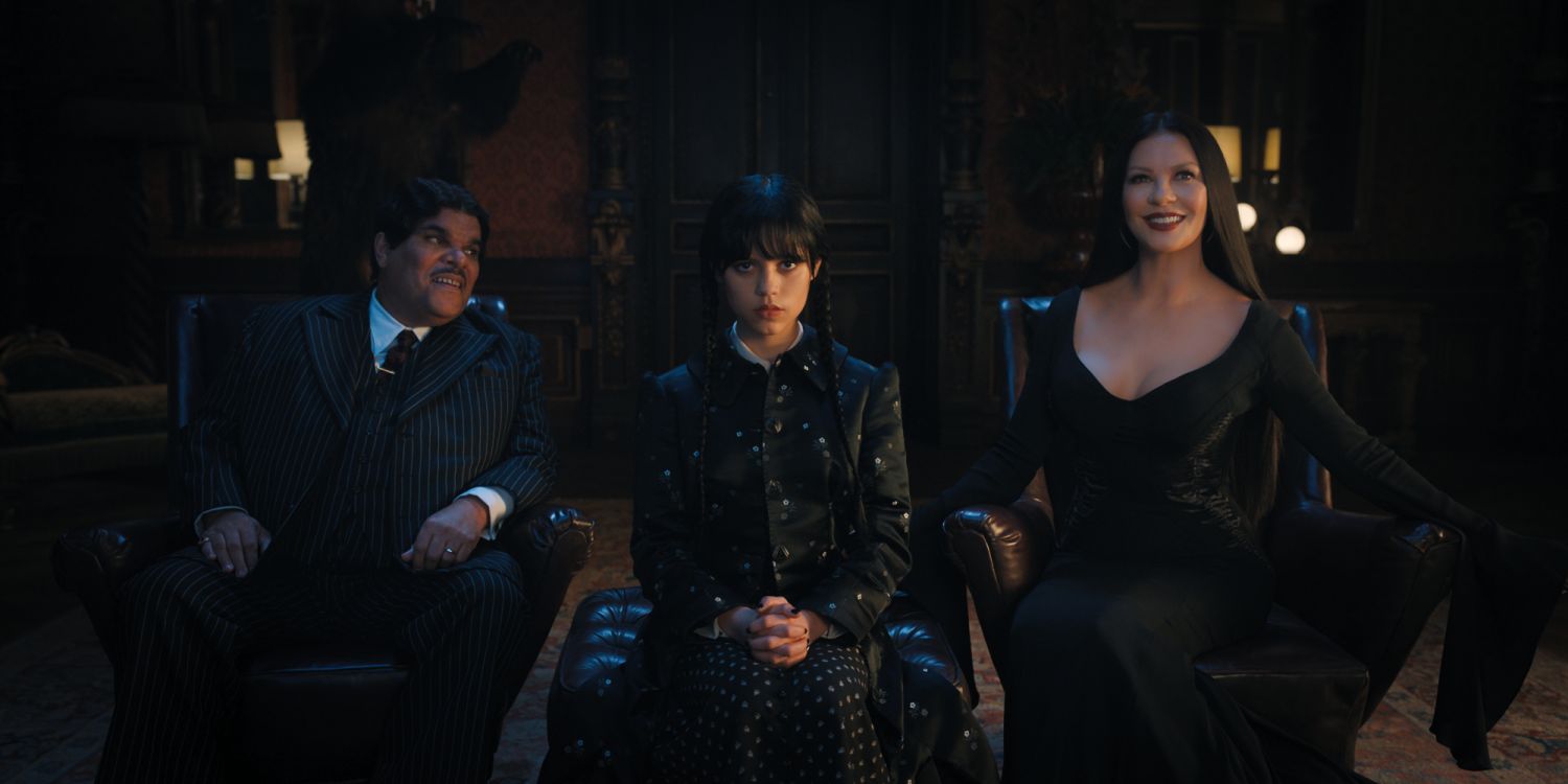 Wednesday. (L to R) Luis GuzmaÌn as Gomez Addams, Jenna Ortega as Wednesday Addams, Catherine Zeta-Jones as Morticia Adams in episode 101 of Wednesday.Photo via Netflix