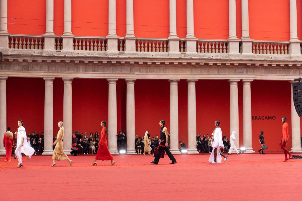 MILAN, ITALY - SEPTEMBER 24: Models walk the runway during the finale of the Salvatore Ferragamo Fashion Show during the Milan Fashion Week Womenswear Spring/Summer 2023 on September 24, 2022 in Milan, Italy. (Photo by Victor Boyko/Getty Images)