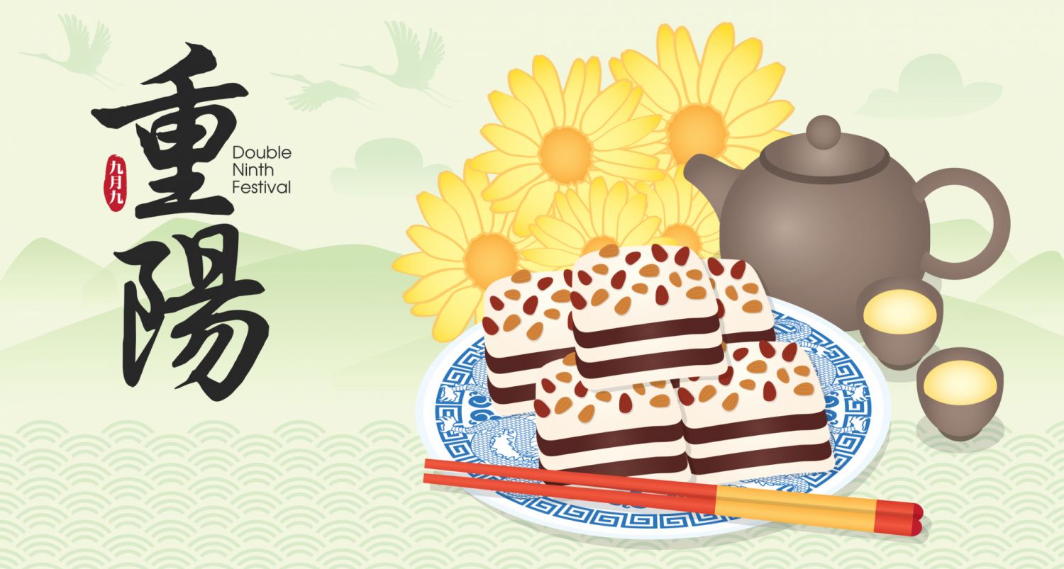 Double Ninth Festival / Chung Yeung festival Banner Illustration with traditional food and chinese background. (Translation: Double Ninth Festival.)