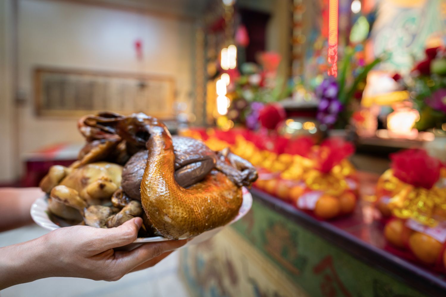 Action of praying respect to Chinese god during Chinese new year ceremony with various type of meats and foods. Close-up and selective at food (chicken) part in the tray on people's hand.