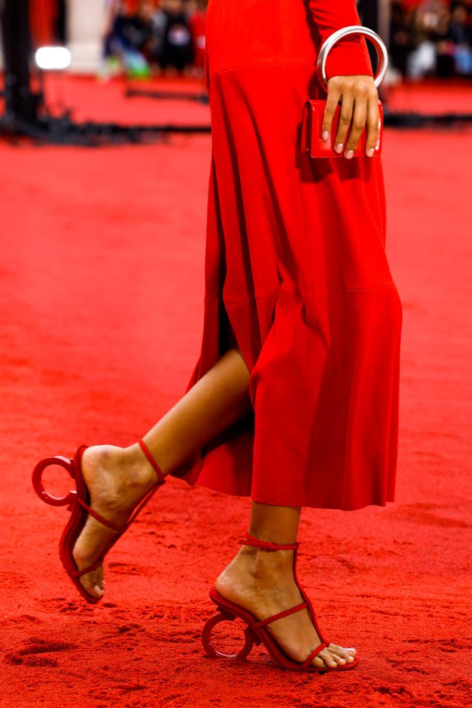 MILAN, ITALY - SEPTEMBER 24: A model, shoe detail, walks the runway of the Salvatore Ferragamo Fashion Show during the Milan Fashion Week Womenswear Spring/Summer 2023 on September 24, 2022 in Milan, Italy. (Photo by Justin Shin/Getty Images)