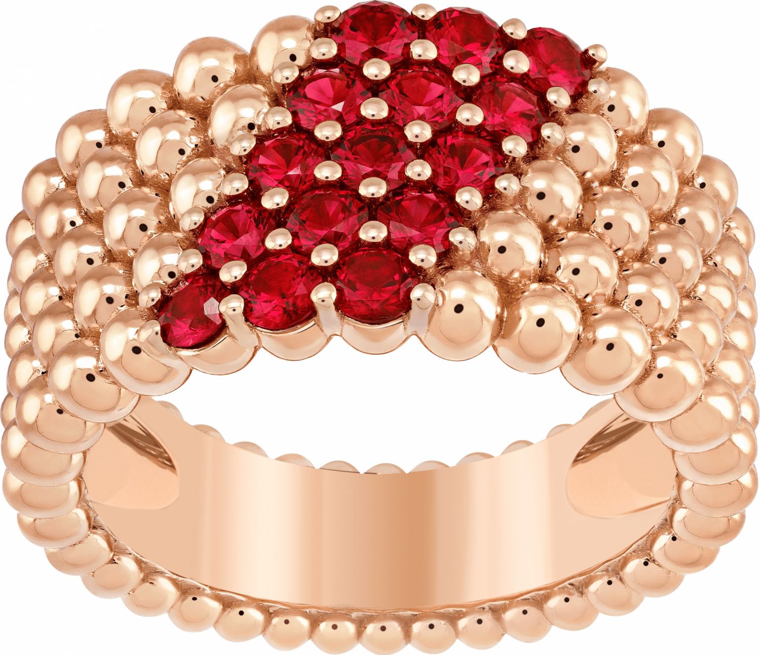 Perlée couleurs ring, 5 rows, rose gold, round rubies.