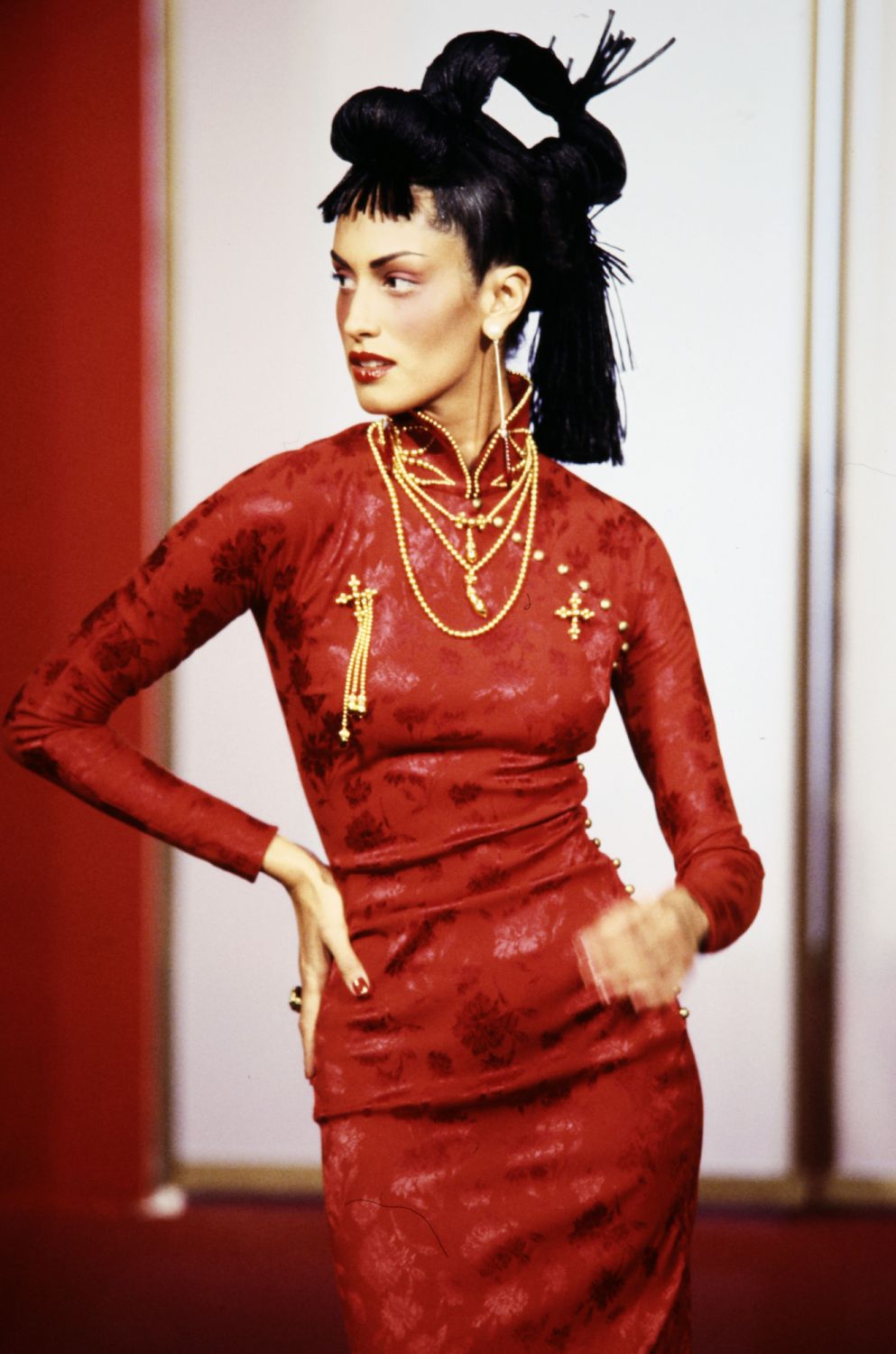 Model Yasmin Gharu poses in a Cheongsam dress designed by John Galliano for Christian Dior's fall 1997 collection. (Photo by Giovanni Giannoni/WWD/Penske Media via Getty Images)
