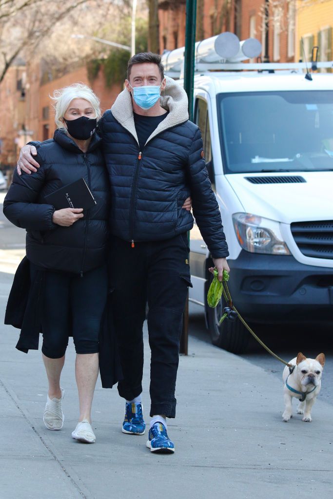 NEW YORK - MARCH 10: Hugh Jackman and Deborra-Lee Furness take their dog Dali for a walk on March 10, 2021 in New York City. (Photo by LRNYC/MEGA/GC Images)