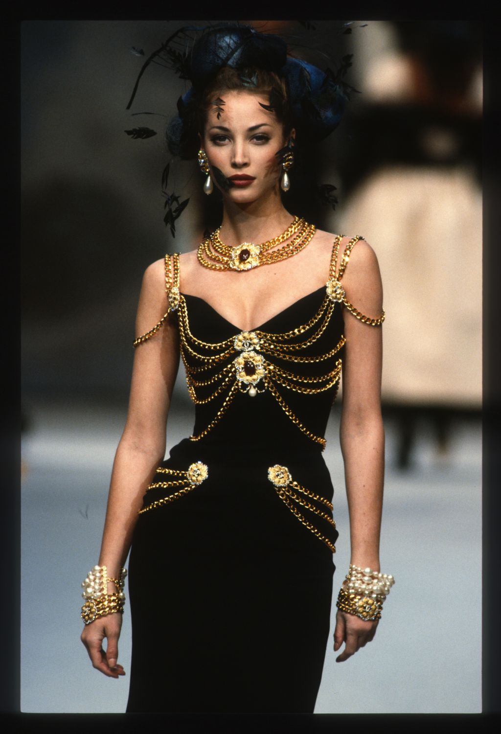 PARIS, FRANCE - JANUARY: Christy Turlington walks the runway during the Chanel Haute Couture show as part of Paris Fashion Week Spring/Summer 1992-1993 in January, 1992 in Paris, France. (Photo by Victor VIRGILE/Gamma-Rapho via Getty Images)