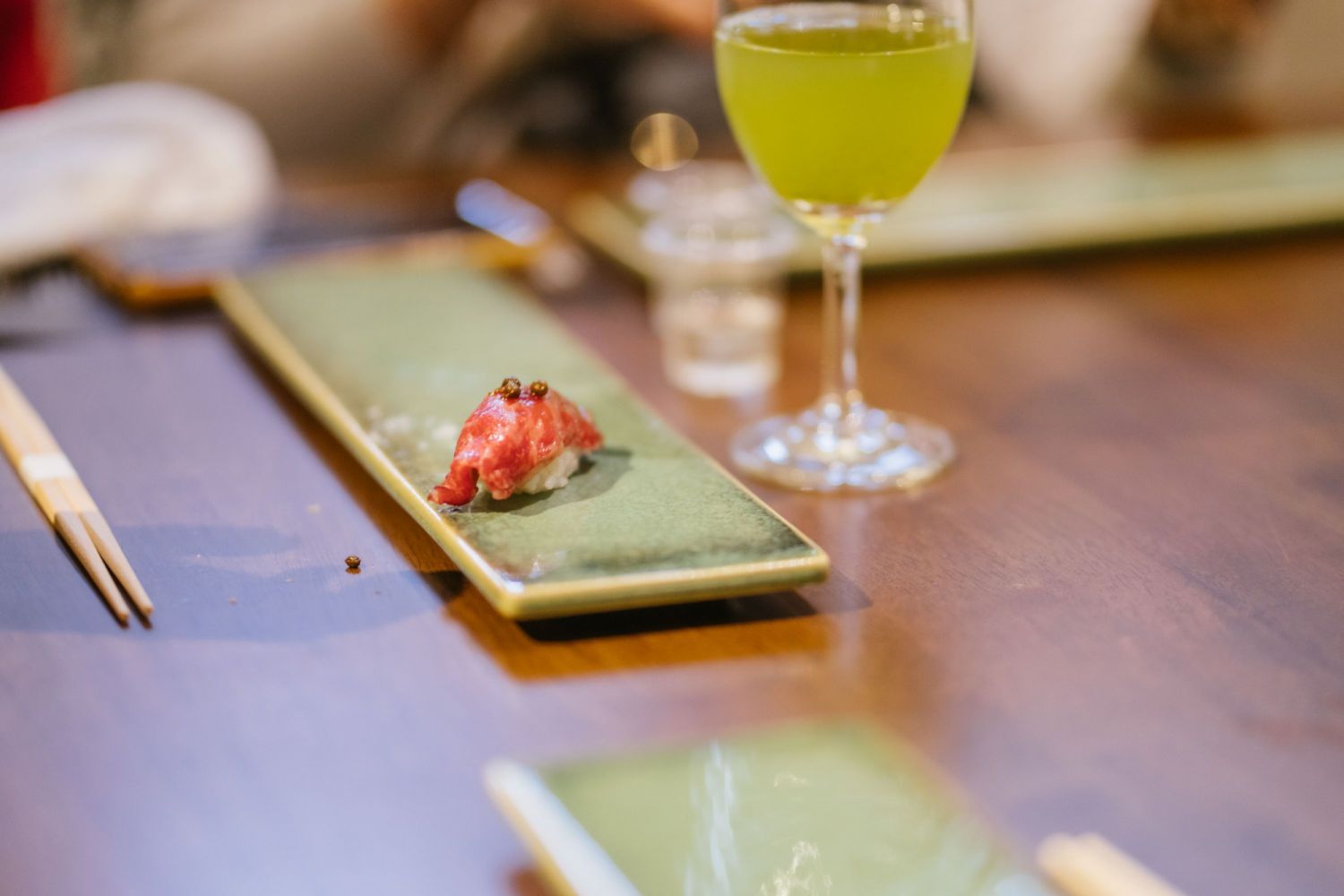 Yuko Suzuki's Australian Wagyu nigiri was topped with mala peppercorns