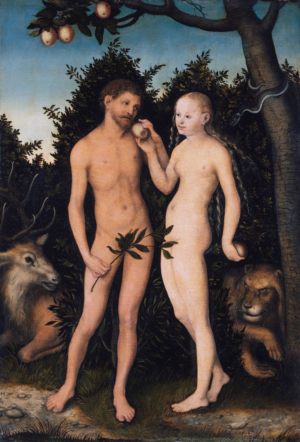 德國文藝復興時期大師老盧卡斯·克拉納赫(Lucas Cranach)在1533年所繪的伊甸園，以無花果來象徵禁果。