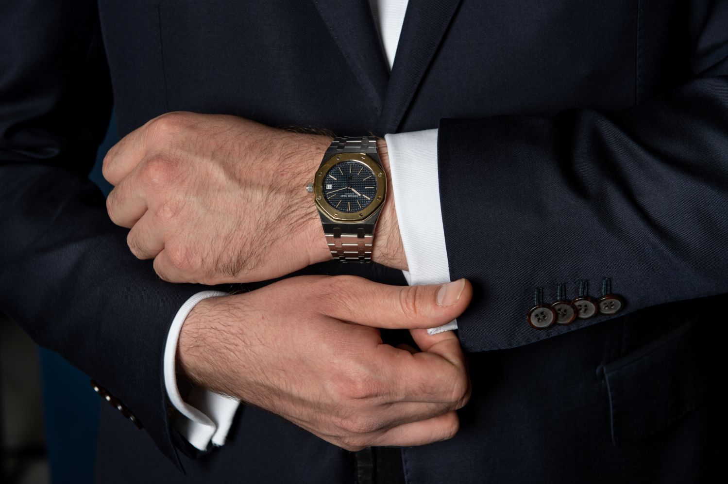 GENEVA, SWITZERLAND - MAY 05: 'Genta's Jumbo Royal Oak for Audemars Piguet, a favourite from his personal collection, (est. CHF 300,000 - 500,000) is displayed during the Sotheby's Geneva Luxury Week press call on May 5, 2022 in Geneva, Switzerland. Historically important, the stainless-steel wristwatch, with date and bracelet, was made circa 1978 for Genta with the unique specification of a 18k yellow gold bezel that Genta produced and added at his own workshop in Switzerland. Sothebys Geneva Luxury Week r