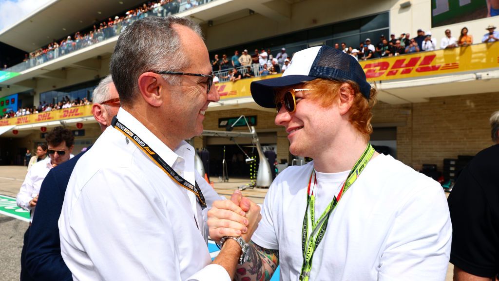 AUSTIN, TEXAS - OCTOBER 23: Ed Sheeran meets Stefano Domenicali, CEO of the Formula One Group, prior to the F1 Grand Prix of USA at Circuit of The Americas on October 23, 2022 in Austin, Texas. (Photo by Dan Istitene - Formula 1/Formula 1 via Getty Images)