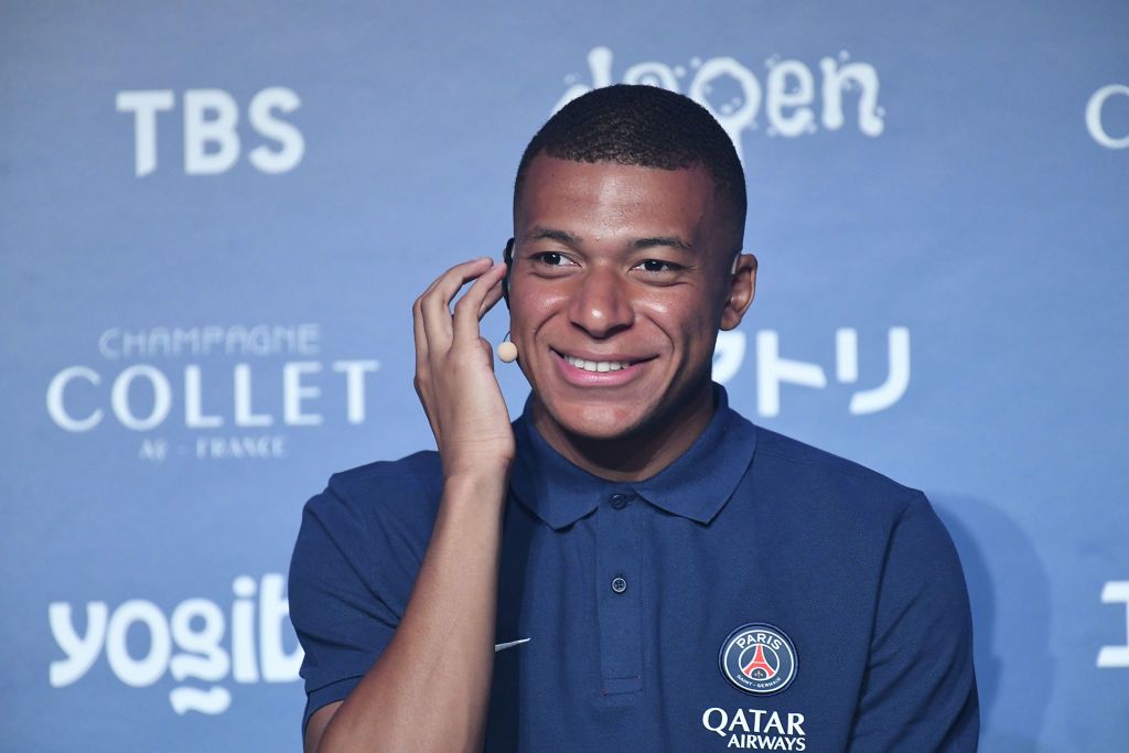 TOKYO, JAPAN - JULY 17: Kylian Mbappe attends the Paris Saint-Germain Japan Tour Press Conference at Shinagawa Prince Hotel on July 17, 2022 in Tokyo, Japan. (Photo by Jun Sato/WireImage)