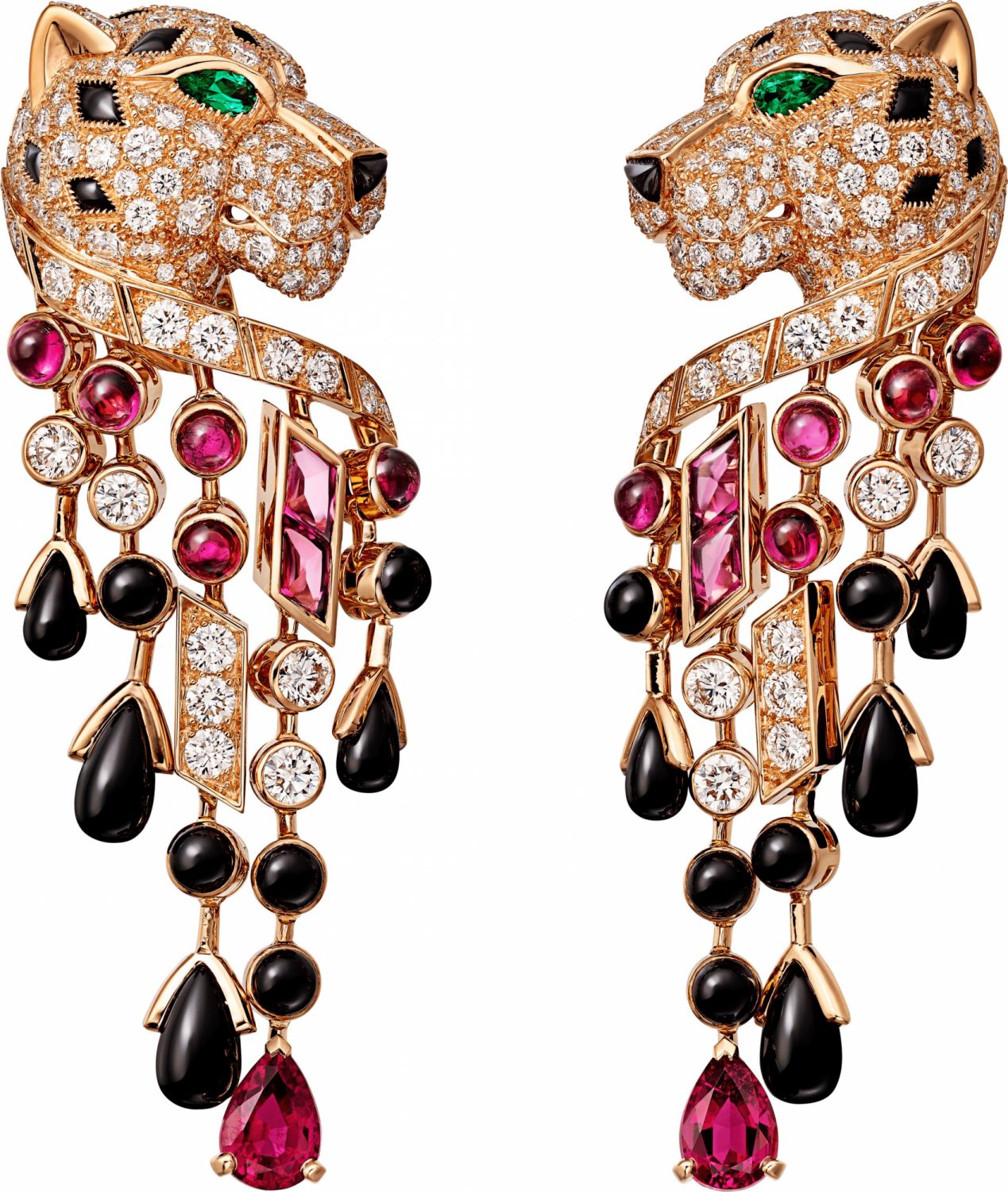 Panthère de Cartier earrings, 18K rose gold (750/1000), each set with 1 emerald eye, 6 onyx spots, 1 onyx nose, 9 onyx stones, 8 rubellites, and 134 brilliant-cut diamonds totaling 3.44 carats.