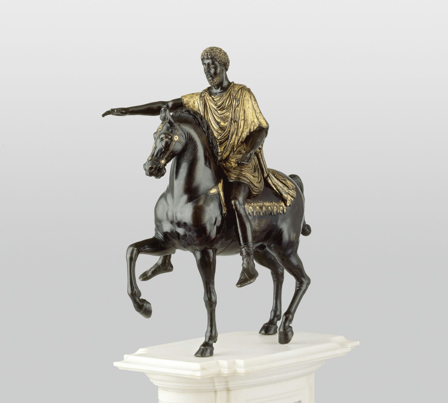 Equestrian statuette of Marcus Aurelius, Antico (Italian, about 1455–1528), Early 16th century, Bronze, parcel-gilt, silver incrustations