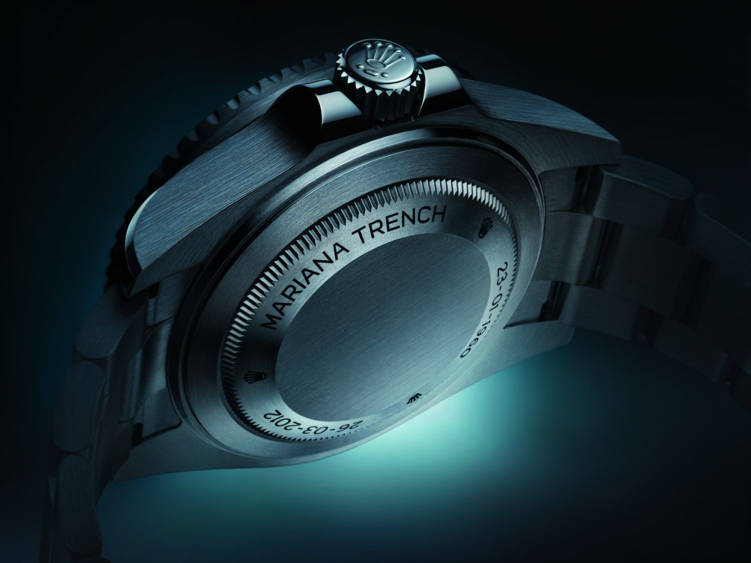 The engraved case back of theOyster Perpetual Deepsea Challenge