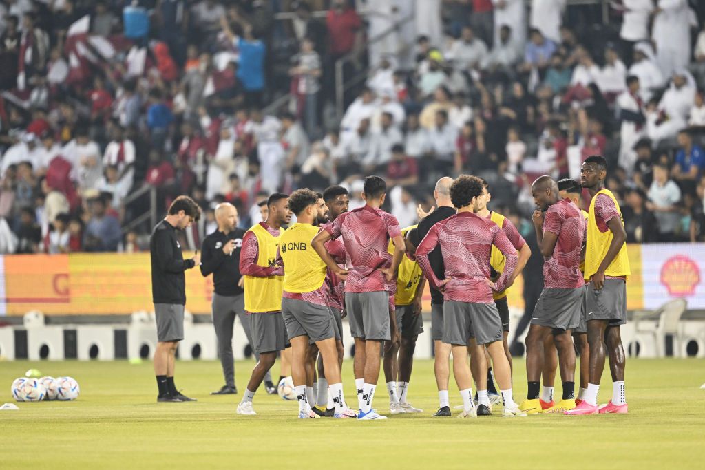 Qatar players during the Qatar national team open training session at the Jassim Bin Hamad Stadium, Doha, Qatar on October 2, 2022. (Photo by Simon Holmes/NurPhoto via Getty Images)