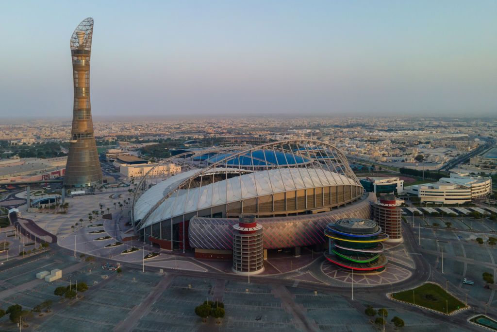 DOHA, QATAR - JUNE 23: (EDITORS NOTE: This photograph was taken using a drone) An aerial view of Khalifa Stadium stadium at sunrise on June 22, 2022 in Doha, Qatar. Khalifa Stadium stadium is a host venue of the FIFA World Cup Qatar 2022 starting in November. (Photo by David Ramos/Getty Images)