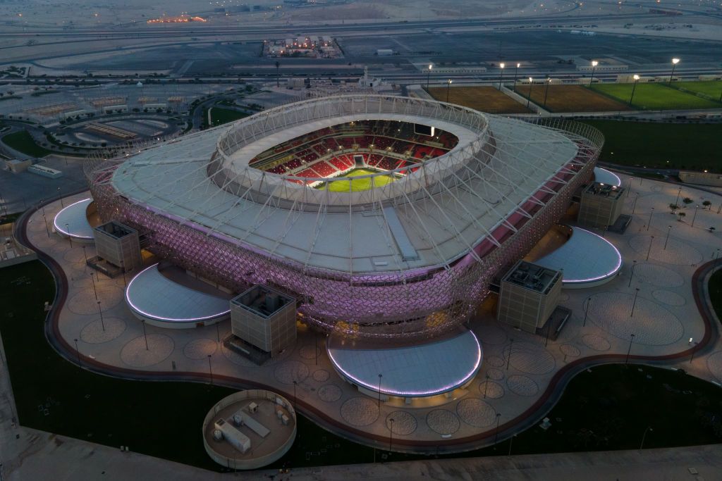 DOHA, QATAR - JUNE 23: (EDITORS NOTE: This photograph was taken using a drone) An aerial view of Ahmad Bin Ali stadium at sunset on June 23, 2022 in Al Rayyan, Qatar. Ahmad Bin Ali stadium, designed by Pattern Design studio is a host venue of the FIFA World Cup Qatar 2022 starting in November. (Photo by David Ramos/Getty Images)