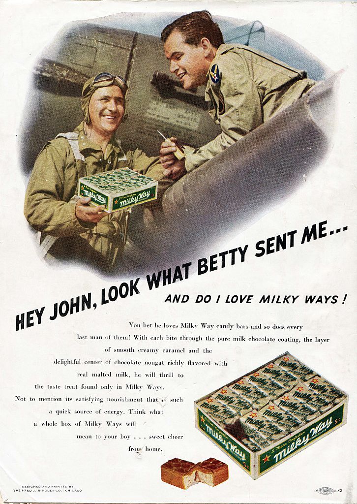 Advertisement for Milky Way candy bars features a World War II theme, Chicago, Illinois, 1943. (Photo by Transcendental Graphics/Getty Images)