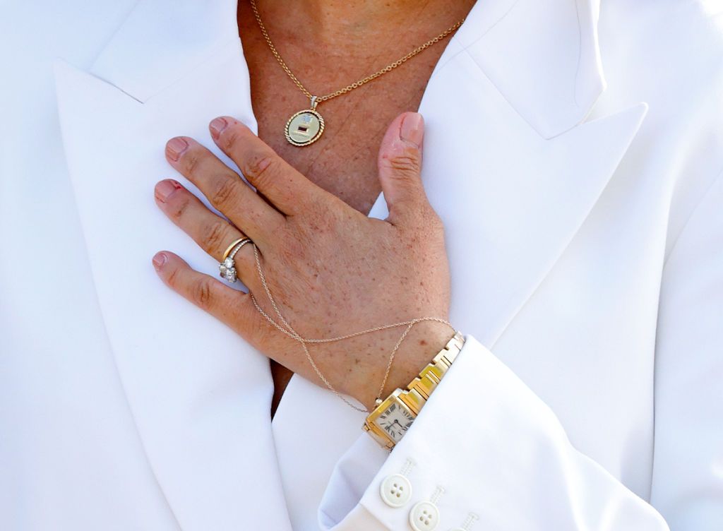THE HAGUE, NETHERLANDS - APRIL 15: (EMBARGOED FOR PUBLICATION IN UK NEWSPAPERS UNTIL 24 HOURS AFTER CREATE DATE AND TIME) Meghan, Duchess of Sussex (jewellery detail) attends an Invictus Games Friends and Family reception hosted by the City of The Hague and the Dutch Ministry of Defence at Zuiderpark on April 15, 2022 in The Hague, Netherlands. (Photo by Max Mumby/Indigo/Getty Images)