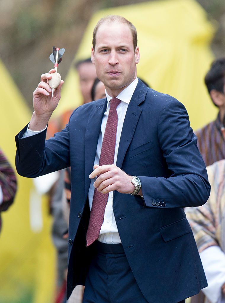 THIMPHU, BHUTAN - APRIL 14:  Prince William, Duke of Cambridge watches a game of Archery and some young people playing traditional games on April 14, 2016 in Thimphu, Bhutan.  (Photo by Mark Cuthbert/UK Press via Getty Images)