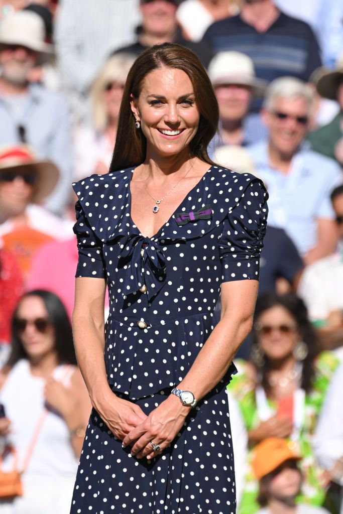 LONDON, ENGLAND - JULY 10: Catherine, Duchess of Cambridge attends The Wimbledon Men's Singles Final at the All England Lawn Tennis and Croquet Club on July 10, 2022 in London, England. (Photo by Karwai Tang/WireImage)