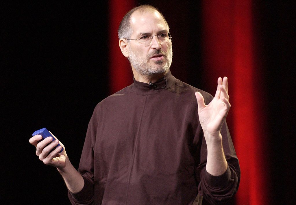 SAN JOSE, CA - OCTOBER 26: Steve Jobs of Apple Computer celebrates the release of a new Apple iPod family of products at the California Theatre on October 26, 2004 in San Jose, California. (Photo by Tim Mosenfelder/Getty Images)