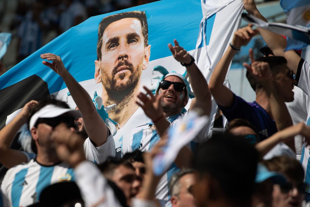 LUSAIL CITY, QATAR - NOVEMBER 22: The face of Lionel Messi looks out on the Argentina fans during the FIFA World Cup Qatar 2022 Group C match between Argentina and Saudi Arabia at Lusail Stadium on November 22, 2022 in Lusail City, Qatar. (Photo by Visionhaus/Getty Images)