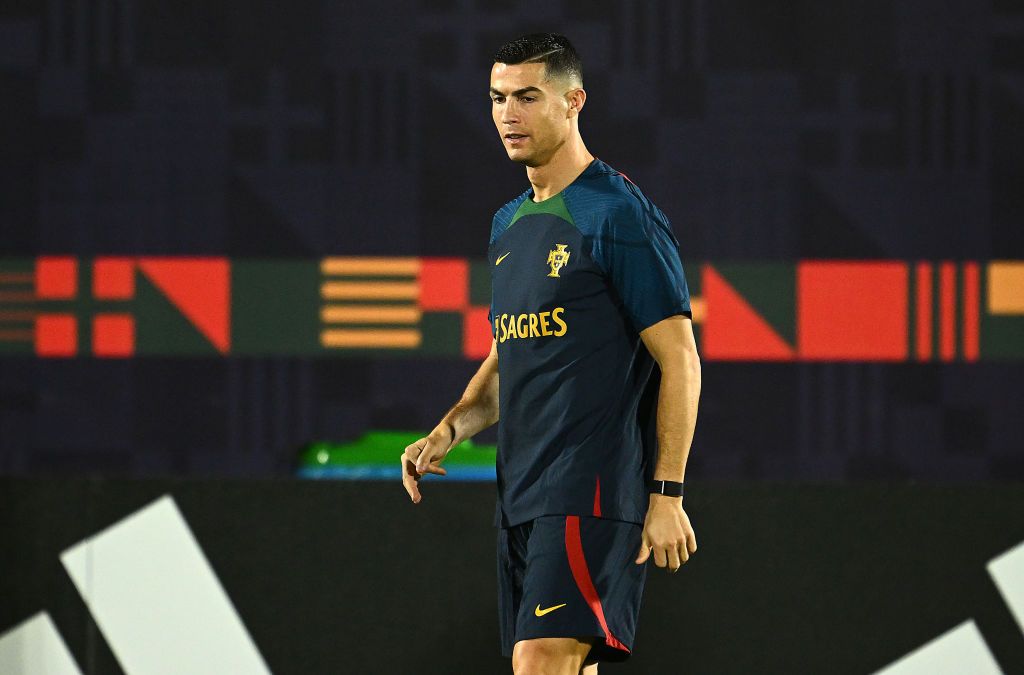 DOHA, QATAR - NOVEMBER 19: Cristiano Ronaldo of Portugal in action during the Portugal Training Session at Al Shahaniya SC Training Site on November 19, 2022 in Doha, Qatar. (Photo by Clive Mason/Getty Images)