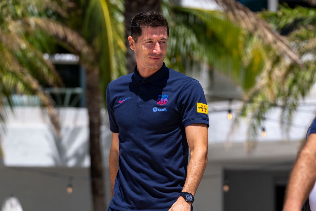 FORT LAUDERDALE, FL - JULY 20: Robert Lewandowski before the start of the press conference introducing him to FC Barcelona at Conrad Fort Lauderdale Beach on July 20, 2022 in Fort Lauderdale, Florida. (Photo by Eric Espada/Getty Images)