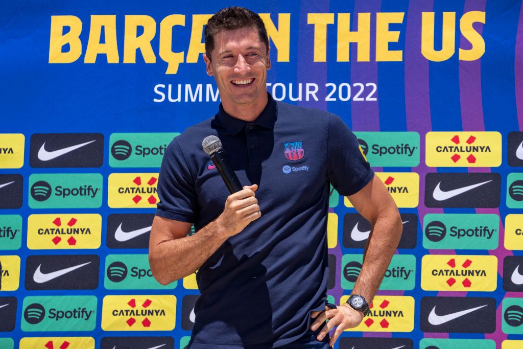 FORT LAUDERDALE, FL - JULY 20: Robert Lewandowski talks during the press conference introducing him to FC Barcelona at Conrad Fort Lauderdale Beach on July 20, 2022 in Fort Lauderdale, Florida. (Photo by Eric Espada/Getty Images)