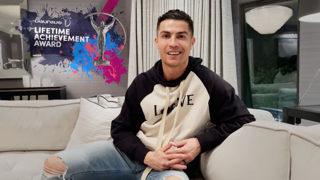UNSPECIFIED - UNSPECIFIED DATE: In this handout screengrab released on April 24, Footballer Cristiano Ronaldo speaks during the Laureus World Sports Awards 2022 Virtual Award Ceremony. (Photo by Handout/Laureus via Getty Images)