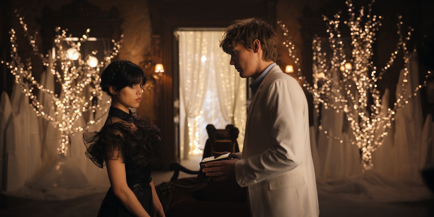Wednesday. (L to R) Jenna Ortega as Wednesday Addams, Hunter Doohan as Tyler Galpin in episode 104 of Wednesday. Cr. Courtesy of Netflix © 2022