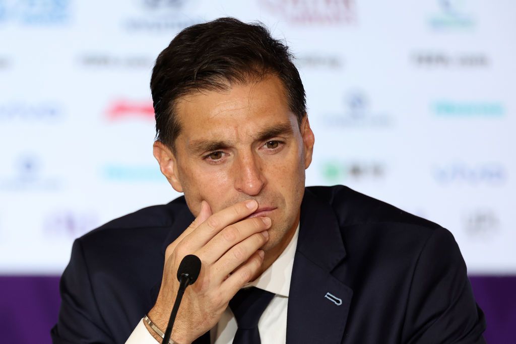 LUSAIL CITY, QATAR - NOVEMBER 28: Diego Alonso, Head Coach of Uruguay, attends the post match press conference after the 0-2 loss during the FIFA World Cup Qatar 2022 Group H match between Portugal and Uruguay at Lusail Stadium on November 28, 2022 in Lusail City, Qatar. (Photo by Sarah Stier - FIFA/FIFA via Getty Images)