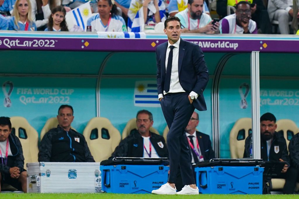 LUSAIL CITY, QATAR - NOVEMBER 28: Diego Alonso, head coach of Uruguay looks on during the FIFA World Cup Qatar 2022 Group H match between Portugal and Uruguay at Lusail Stadium on November 28, 2022 in Lusail City, Qatar. (Photo by Khalil Bashar/Jam Media/Getty Images)