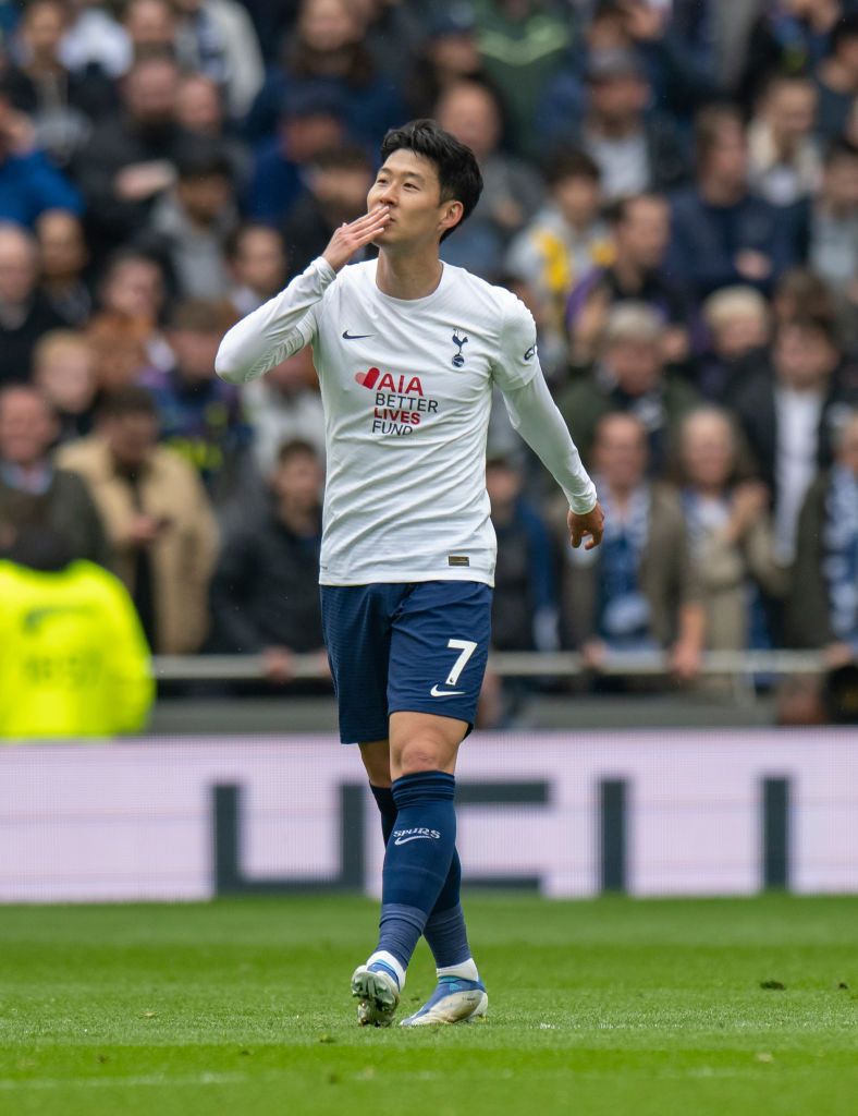LONDON, ENGLAND - MAY 01: Tottenham Hotspur's Son Heung-Min during the Premier League match between Tottenham Hotspur and Leicester City at Tottenham Hotspur Stadium on April 30, 2022 in London, United Kingdom. (Photo by David Horton - CameraSport via Getty Images)