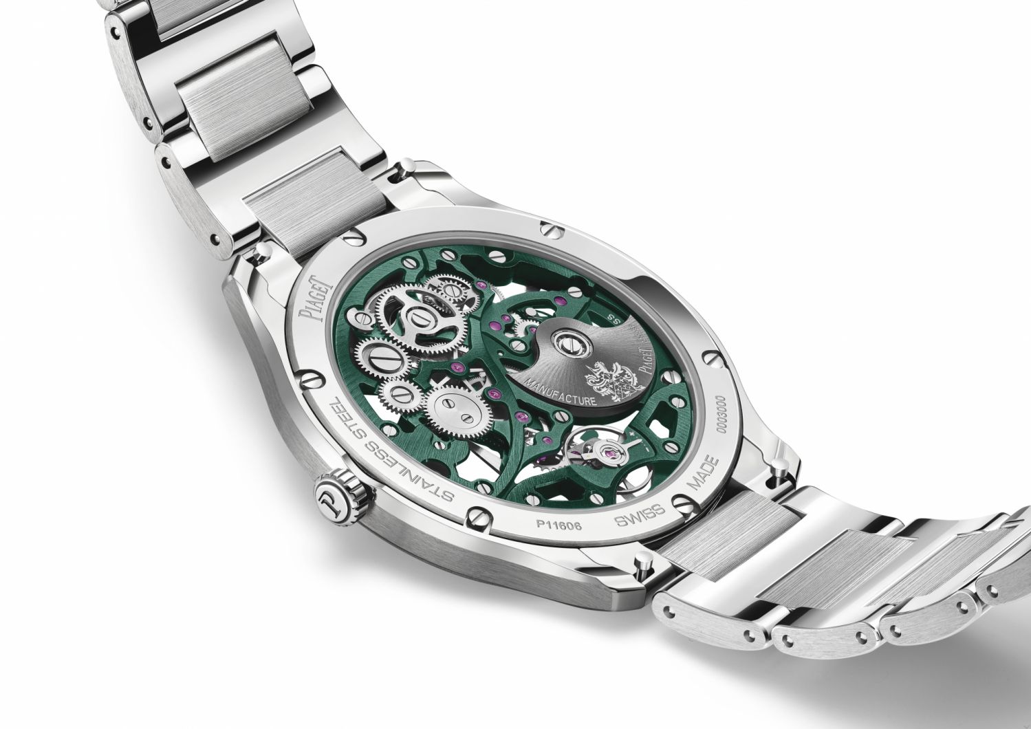 With the Piaget Polo Skeleton, Piaget pushes back once again the boundaries of refinement with this ultra-thin skeleton movement! This self-winding ultra-thin skeleton watch displays a casual elegance that is ideal for every occasion. Featuring an interchangeability system, the watch is available with a polished and satin-brushed steel bracelet and an additional green alligator leather strap, which merge perfectly with its ultra-thin curved case. This masculine and sporty luxury watch has contemporary lines