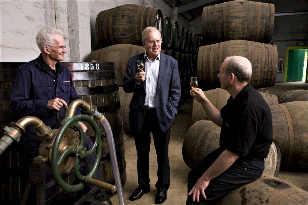 The Balvenie malt master David Stewart (centre) sampling The Balvenie Tun 1858, a unique single malt whisky made by marrying nine Balvenie casks together in a large oak vessel, which is released exclusively in Taiwan. David is pictured with The Balvenie coppersmith Denis McBain (left) and The Balvenie cooper Ian McDonald