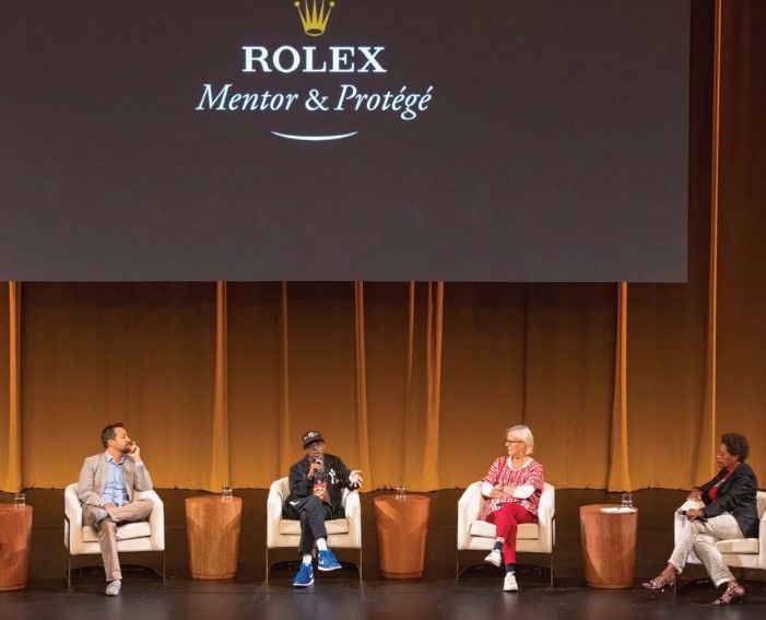 The moderator, Gina Duncan, with panellists Lin-Manuel Miranda, Spike Lee, Phyllida Lloyd and Carrie Mae Weems