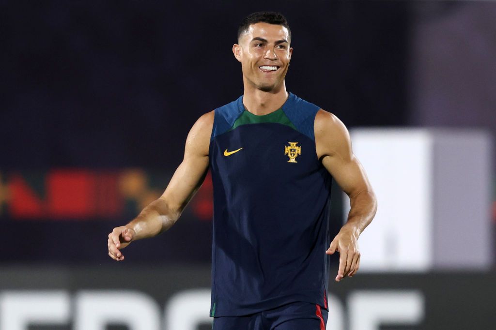 DOHA, QATAR - DECEMBER 01: Cristiano Ronaldo of Portugal reacts during the Portugal Training Session at Grand Hamad Stadium on December 01, 2022 in Doha, Qatar. (Photo by Mohamed Farag/Getty Images)