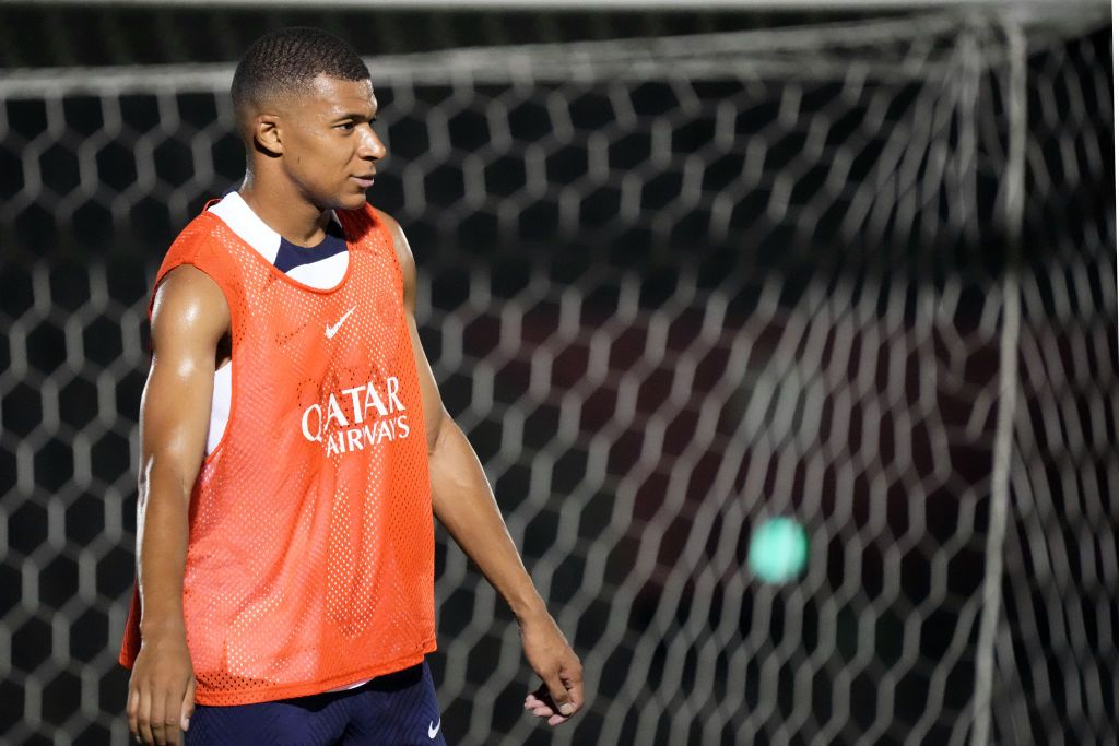 TOKYO, JAPAN - JULY 18: Kylian Mbappe of Paris Saint-Germain looks on the Paris Saint-Germain training session at Prince Chichibu Memorial Rugby Ground on July 18, 2022 in Tokyo, Japan. (Photo by Koji Watanabe/Getty Images)