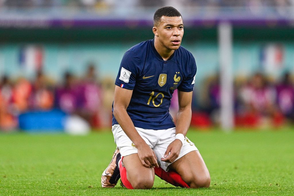 DOHA, QATAR - DECEMBER 4: Kylian Mbappe of France reacts during the Round of 16 - FIFA World Cup Qatar 2022 match between France and Poland at the Al Thumama Stadium on December 4, 2022 in Doha, Qatar (Photo by Pablo Morano/BSR Agency/Getty Images)