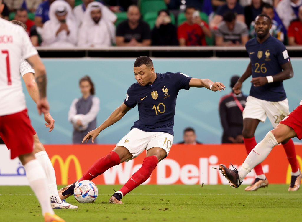 DOHA, QATAR - DECEMBER 4: Kylian Mbappe of France during the FIFA World Cup Qatar 2022 Round of 16 match between France and Poland at Al Thumama Stadium on December 4, 2022 in Doha, Qatar. (Photo by Jean Catuffe/Getty Images)