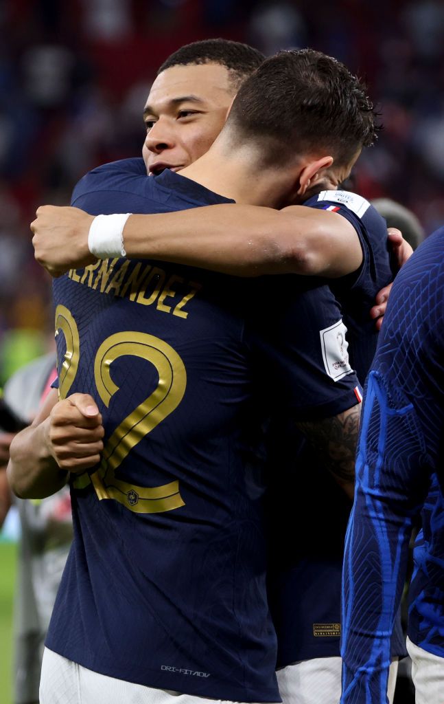 DOHA, QATAR - DECEMBER 4: Kylian Mbappe, Theo Hernandez of France celebrate the victory following during the FIFA World Cup Qatar 2022 Round of 16 match between France and Poland at Al Thumama Stadium on December 4, 2022 in Doha, Qatar. (Photo by Jean Catuffe/Getty Images)