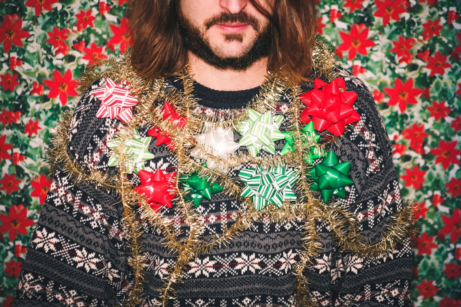 Man Wearing Ugly Holiday Sweater.