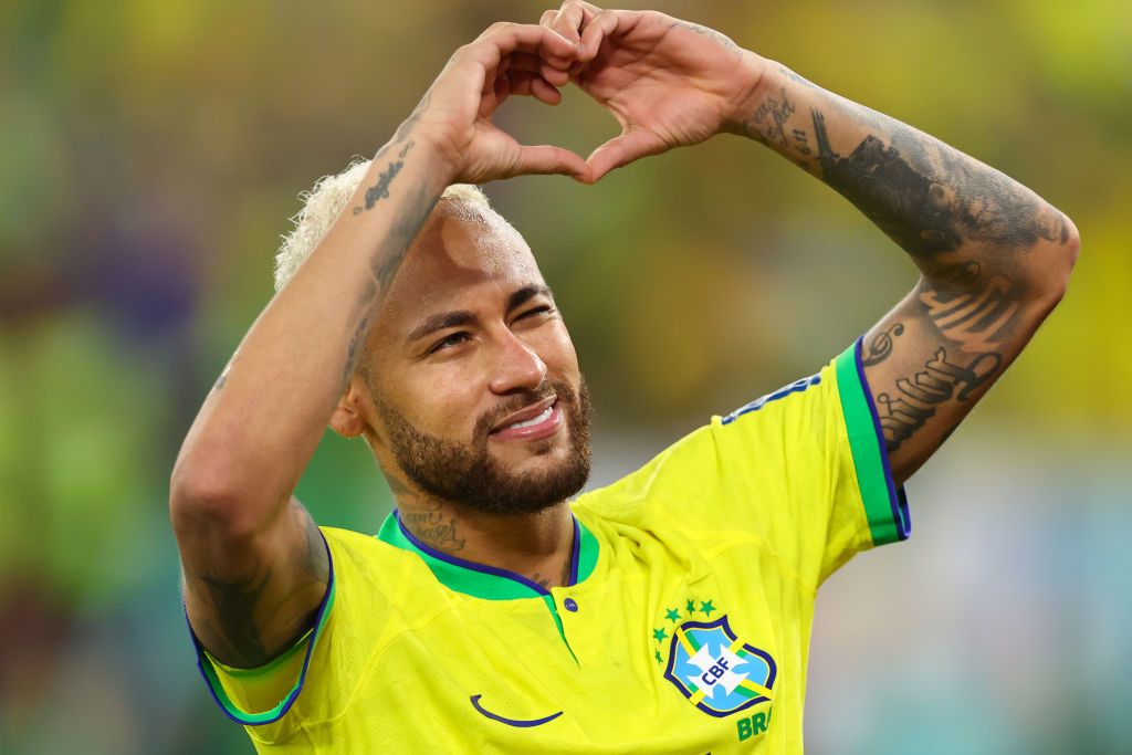 DOHA, QATAR - DECEMBER 05: Neymar of Brazil gestures to his family after the 4-1 victory during the FIFA World Cup Qatar 2022 Round of 16 match between Brazil and South Korea at Stadium 974 on December 5, 2022 in Doha, Qatar. (Photo by Robbie Jay Barratt - AMA/Getty Images)