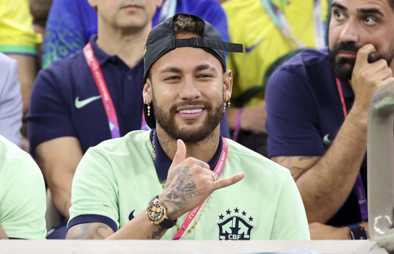 LUSAIL CITY, QATAR - DECEMBER 2: Neymar Jr of Brazil sits in the stands during the FIFA World Cup Qatar 2022 Group G match between Cameroon and Brazil at Lusail Stadium on December 2, 2022 in Lusail City, Qatar. (Photo by Jean Catuffe/Getty Images)