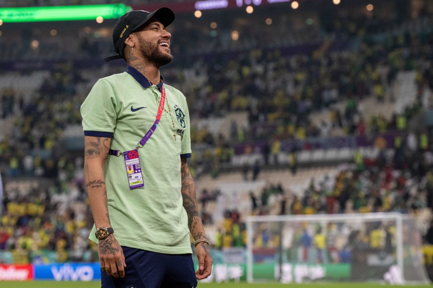 LUSAIL CITY, QATAR - DECEMBER 02: Neymar Jr of Brazil applauds the fans after the FIFA World Cup Qatar 2022 Group G match between Cameroon and Brazil at Lusail Stadium on December 2, 2022 in Lusail City, Qatar. (Photo by Sebastian Frej/MB Media/Getty Images)