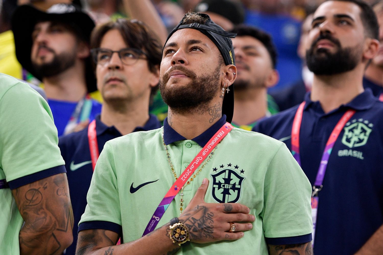 LUSAIL CITY, QATAR - DECEMBER 2: Neymar of Brazil sings the national anthem of Brazil prior to the Group G - FIFA World Cup Qatar 2022 match between Cameroon and Brazil at the Lusail Stadium on December 2, 2022 in Lusail City, Qatar (Photo by Pablo Morano/BSR Agency/Getty Images)